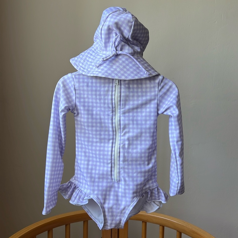 Willow Swim purple and white checked swimsuit and matching swim hat, 6-12M